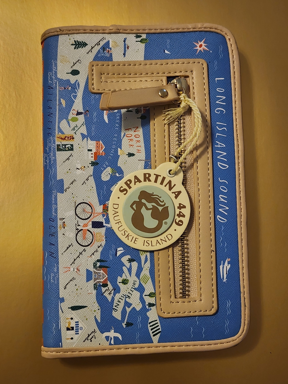 Spartina 449 Blue Coastal Map Zip Wallet with Tan Trim and Tassel